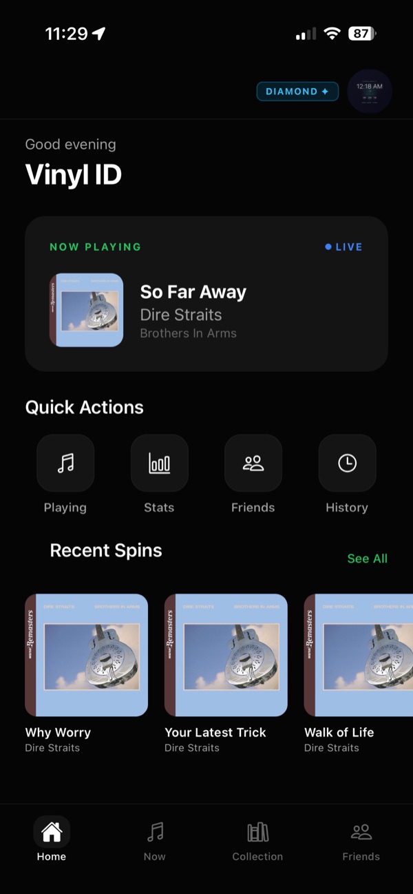 Vinyl ID app home screen showing Now Playing and recent spins